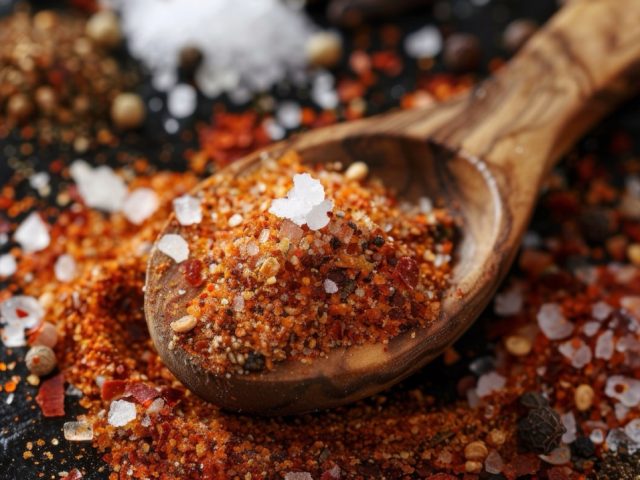 Spices and food ingredients on a wooden spoon